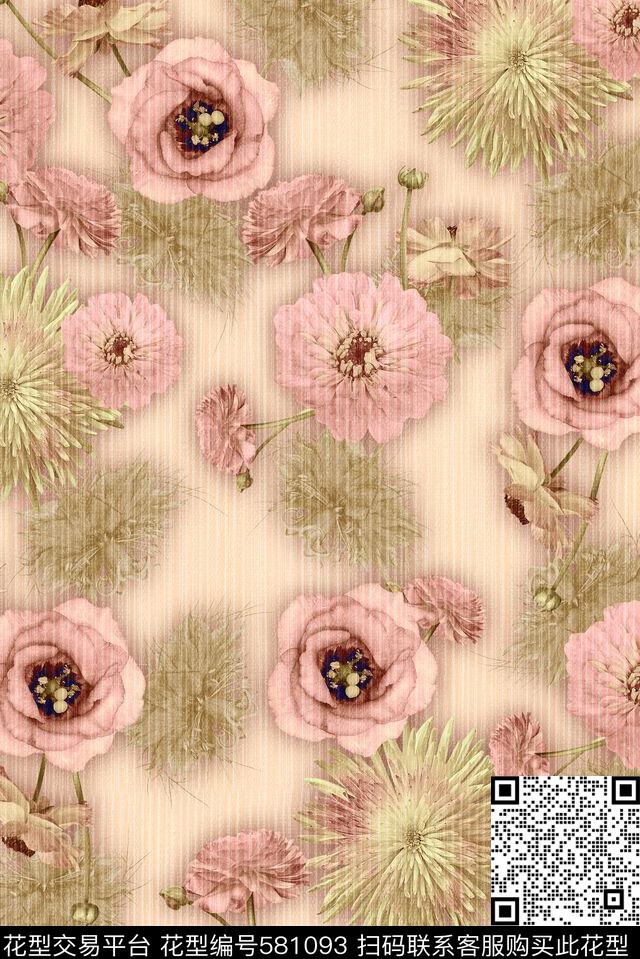 写实风格浪漫花卉复古数码印花华亿平台下载（图片编号: 581093） - 瓦栏（Walan）