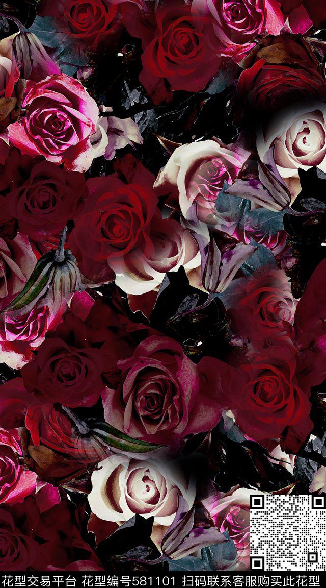 玫瑰花卉满版数码印花华亿平台下载（图片编号: 581101） - 瓦栏（Walan）