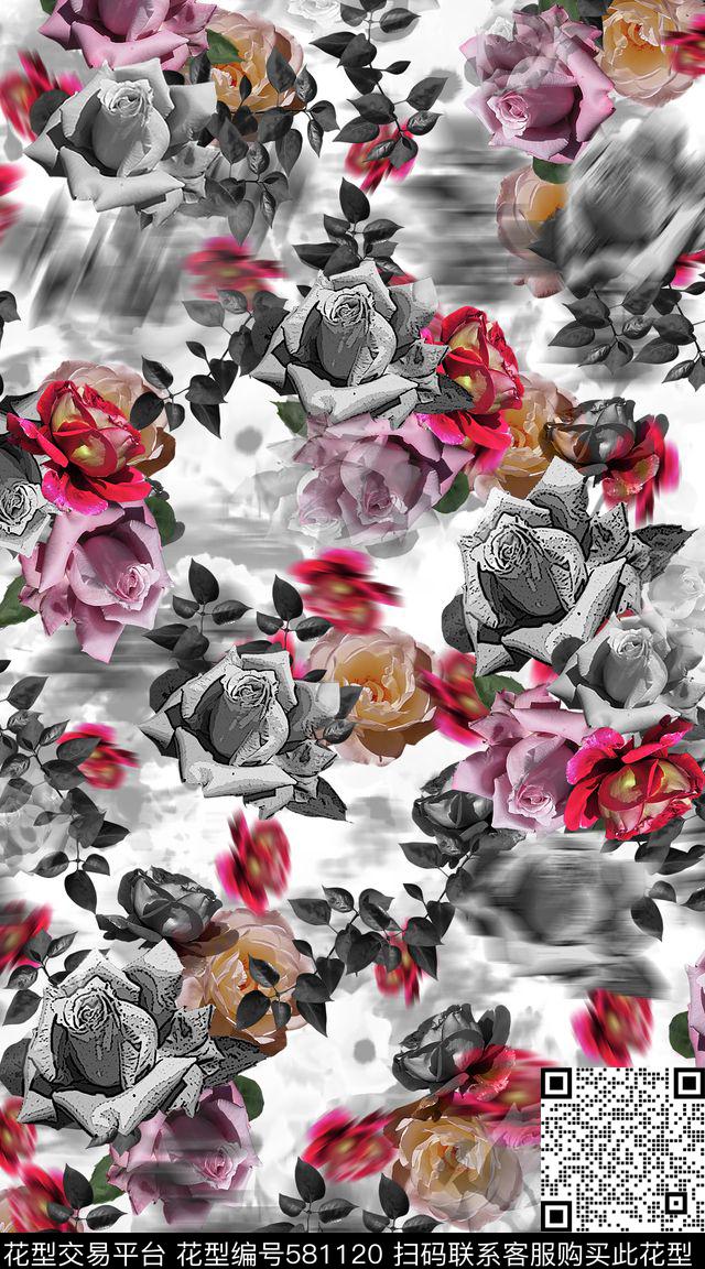抽象抽象肌理玫瑰花卉大牌女装女士穿夏装数码印花华亿平台下载（图片编号: 581120） - 瓦栏（Walan）
