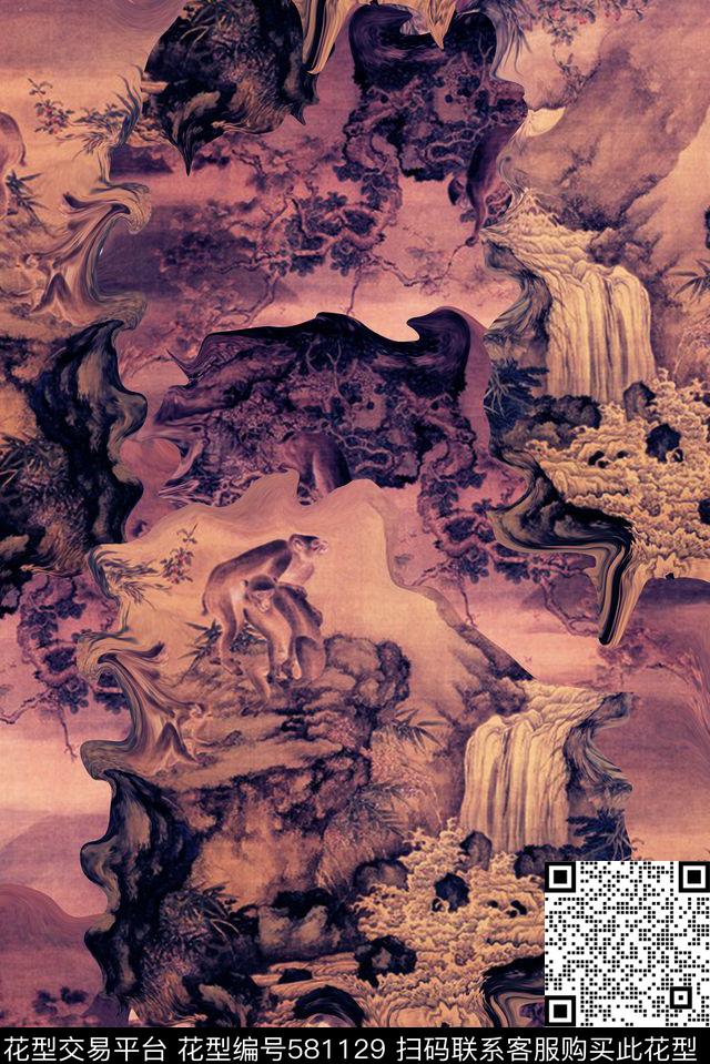 国画猴子复古数码印花华亿平台下载（图片编号: 581129） - 瓦栏（Walan）