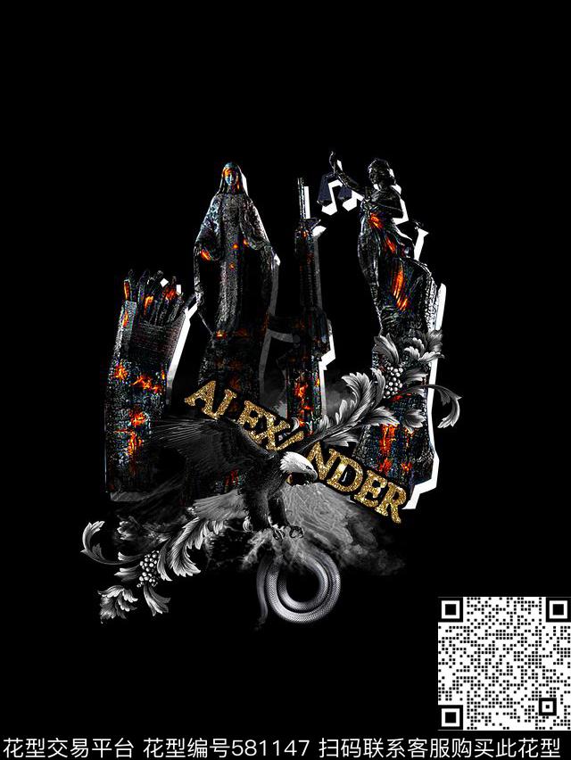 大牌复古男装图案黑暗美学数码印花华亿平台下载（图片编号: 581147） - 瓦栏（Walan）