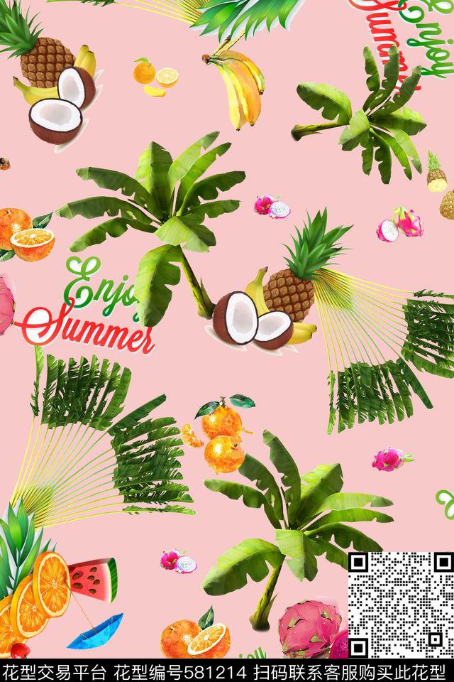 棕榈叶热带水果数码印花华亿平台下载（图片编号: 581214） - 瓦栏（Walan）