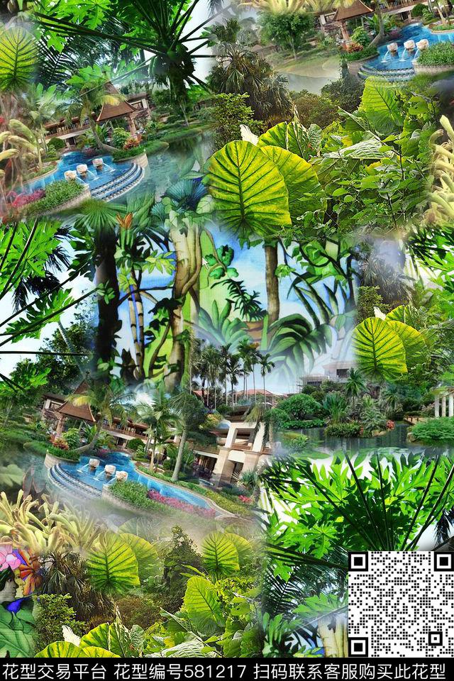 棕榈叶子大绿叶子森林数码印花华亿平台下载（图片编号: 581217） - 瓦栏（Walan）