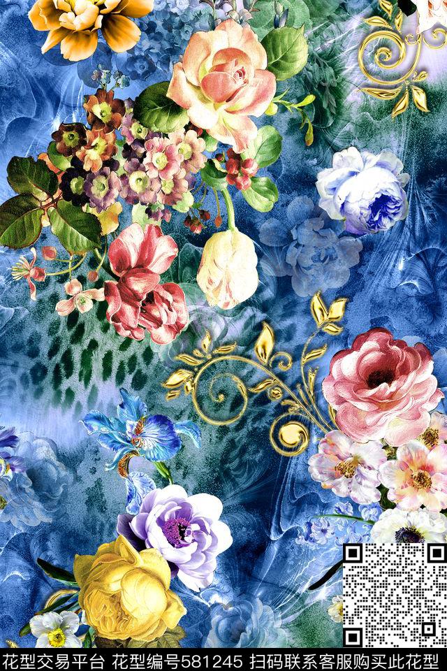 时尚油画花卉卷草数码印花华亿平台下载（图片编号: 581245） - 瓦栏（Walan）