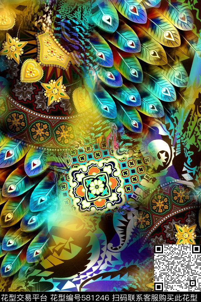 时尚珠宝羽毛数码印花华亿平台下载（图片编号: 581246） - 瓦栏（Walan）