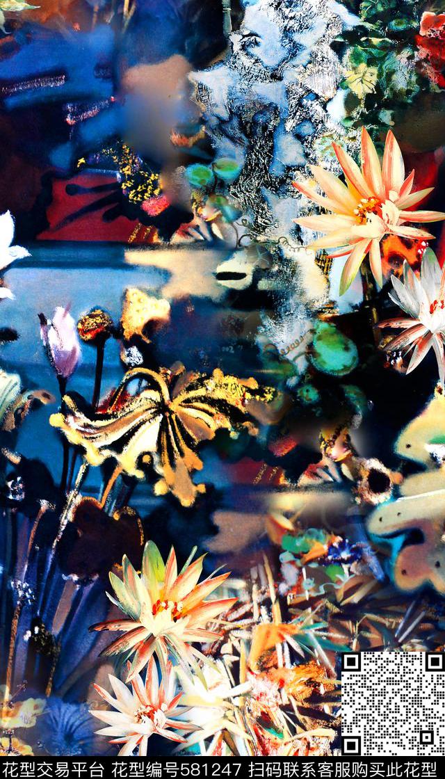 抽象荷花荷叶数码印花华亿平台下载（图片编号: 581247） - 瓦栏（Walan）