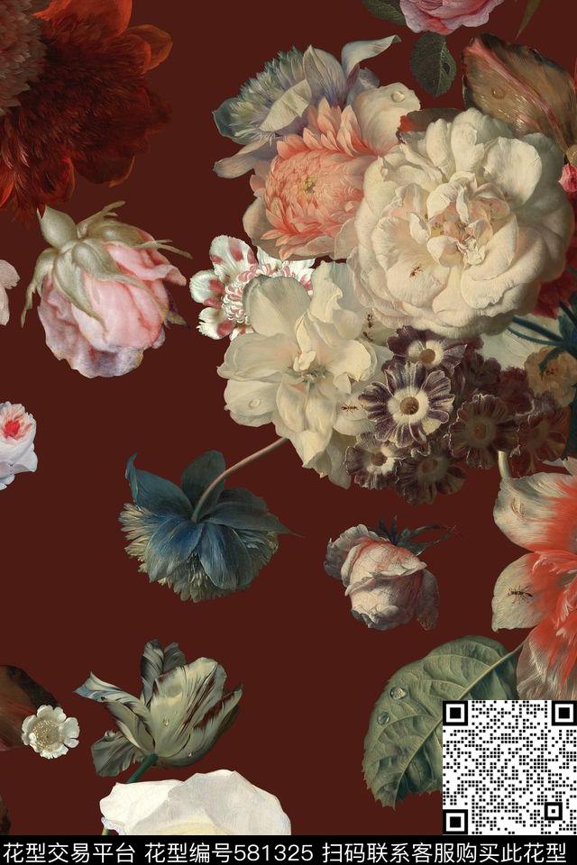 油画花卉连衣裙数码印花华亿平台下载（图片编号: 581325） - 瓦栏（Walan）