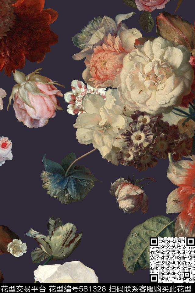 油画花卉连衣裙数码印花华亿平台下载（图片编号: 581326） - 瓦栏（Walan）