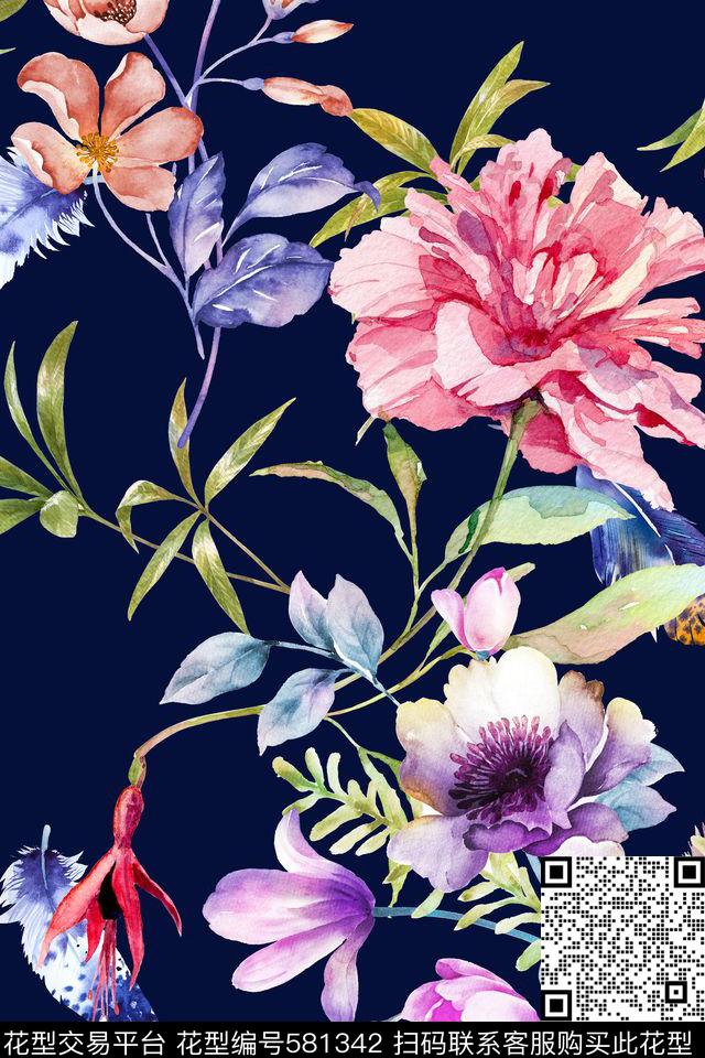 花卉羽毛手绘数码印花华亿平台下载（图片编号: 581342） - 瓦栏（Walan）
