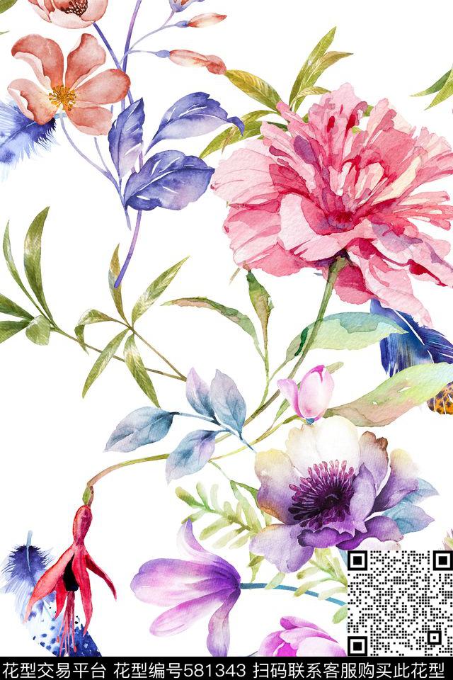花卉羽毛手绘数码印花华亿平台下载（图片编号: 581343） - 瓦栏（Walan）
