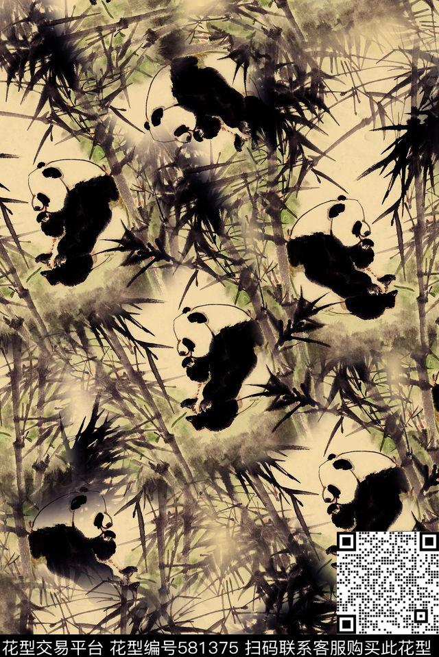 复古手绘熊猫数码印花华亿平台下载（图片编号: 581375） - 瓦栏（Walan）