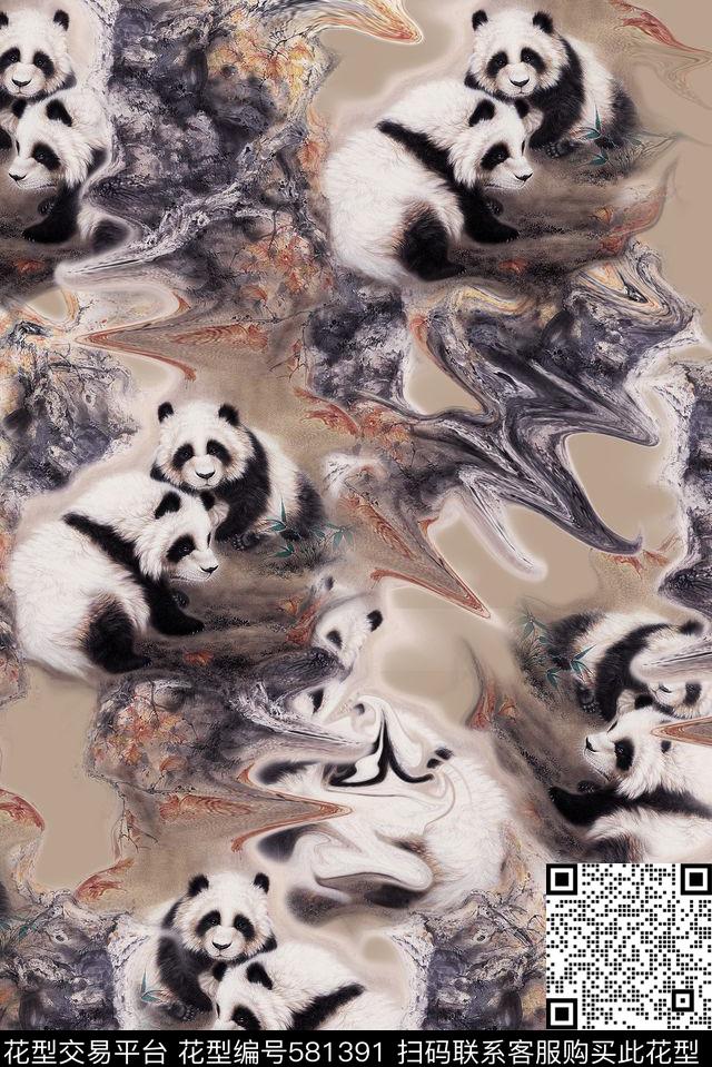 复古国画熊猫数码印花华亿平台下载（图片编号: 581391） - 瓦栏（Walan）