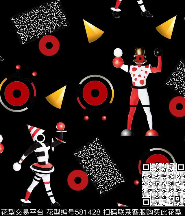 几何与人像时尚小丑数码印花华亿平台下载（图片编号: 581428） - 瓦栏（Walan）
