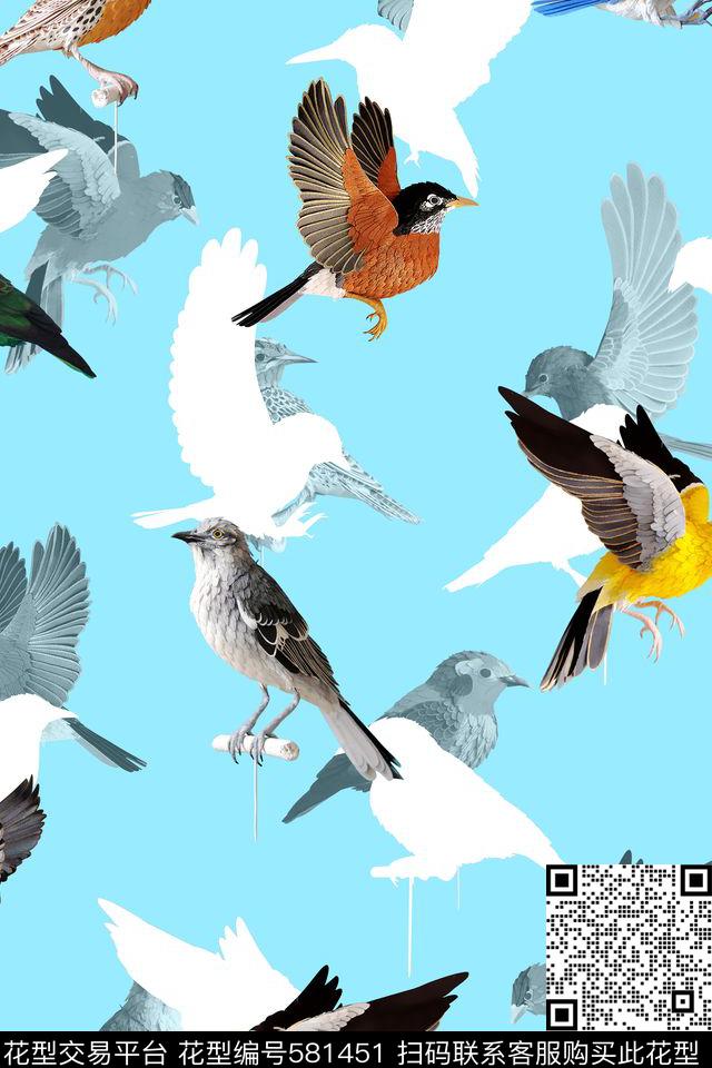 纯色底鸟类清新数码印花华亿平台下载（图片编号: 581451） - 瓦栏（Walan）