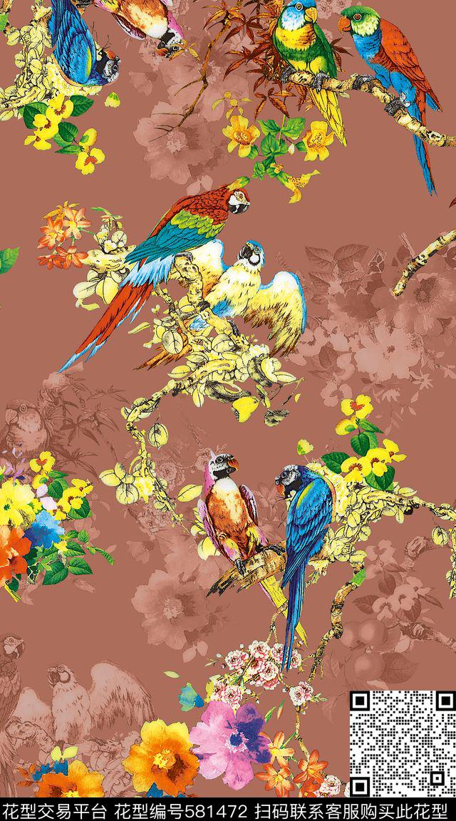 大牌画鸟满版数码印花华亿平台下载（图片编号: 581472） - 瓦栏（Walan）