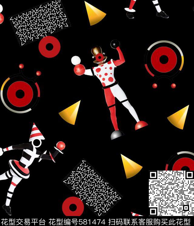 几何与人像时尚小丑数码印花华亿平台下载（图片编号: 581474） - 瓦栏（Walan）