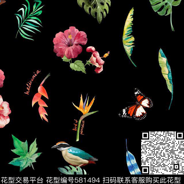 休闲风鸟类蝴蝶花草数码印花华亿平台下载（图片编号: 581494） - 瓦栏（Walan）