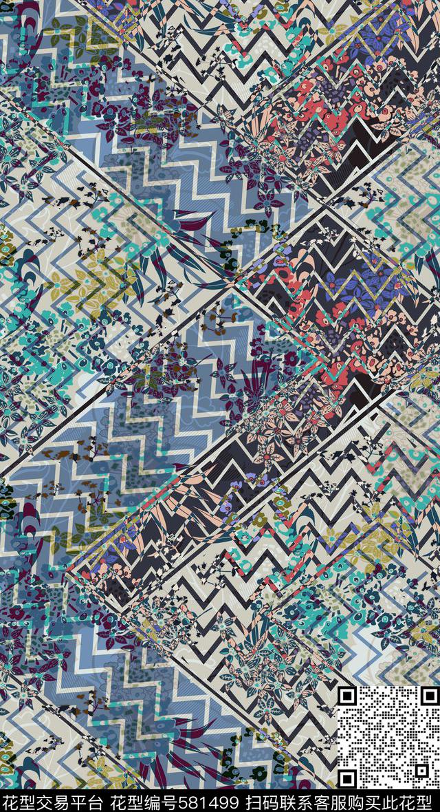 波西米亚条纹小花梦幻随性数码印花华亿平台下载（图片编号: 581499） - 瓦栏（Walan）