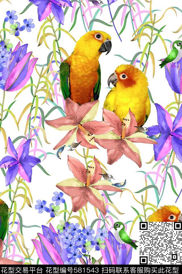 花朵鸟花鸟数码印花华亿平台下载（图片编号: 581543） - 瓦栏（Walan）