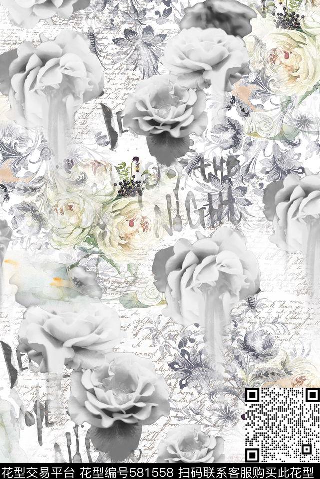 大牌女装华亿平台面料大花数码印花华亿平台下载（图片编号: 581558） - 瓦栏（Walan）