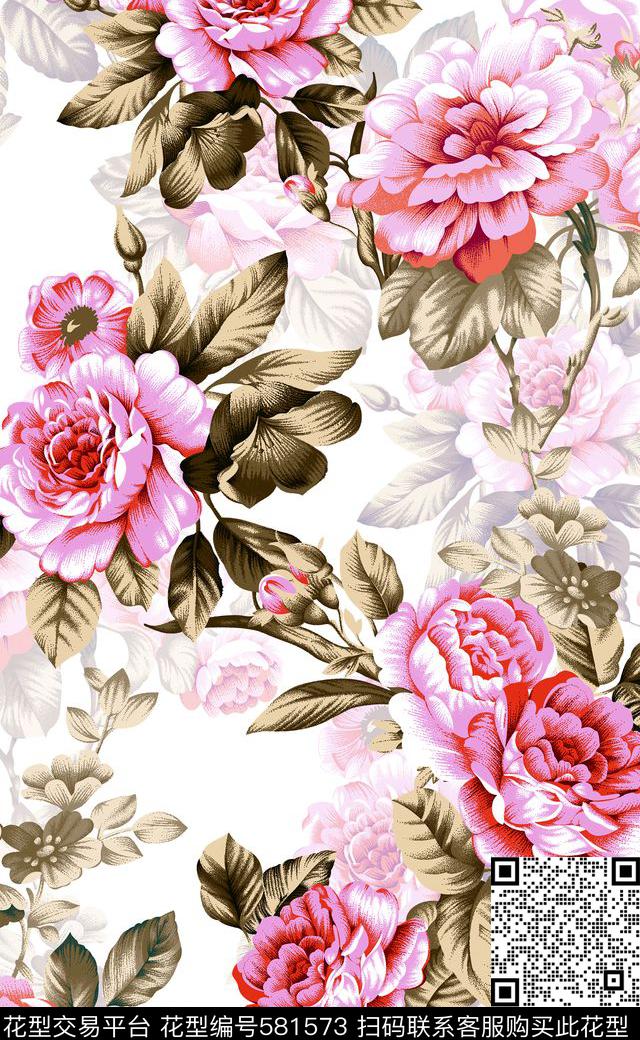 手绘玫瑰花数码印花数码印花华亿平台下载（图片编号: 581573） - 瓦栏（Walan）