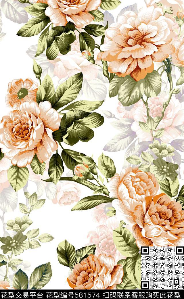 手绘玫瑰花数码印花数码印花华亿平台下载（图片编号: 581574） - 瓦栏（Walan）