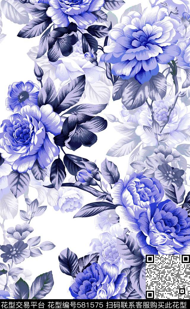 手绘玫瑰花数码印花数码印花华亿平台下载（图片编号: 581575） - 瓦栏（Walan）