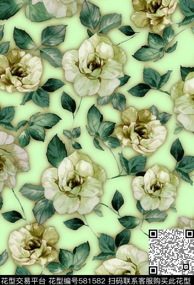 手绘玫瑰浪漫花卉数码印花华亿平台下载（图片编号: 581582） - 瓦栏（Walan）