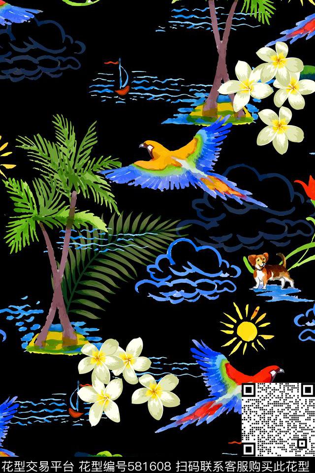 热带风情手绘艺术棕榈树数码印花华亿平台下载（图片编号: 581608） - 瓦栏（Walan）