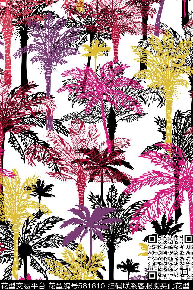 热带风情棕榈树剪影传统印花华亿平台下载（图片编号: 581610） - 瓦栏（Walan）