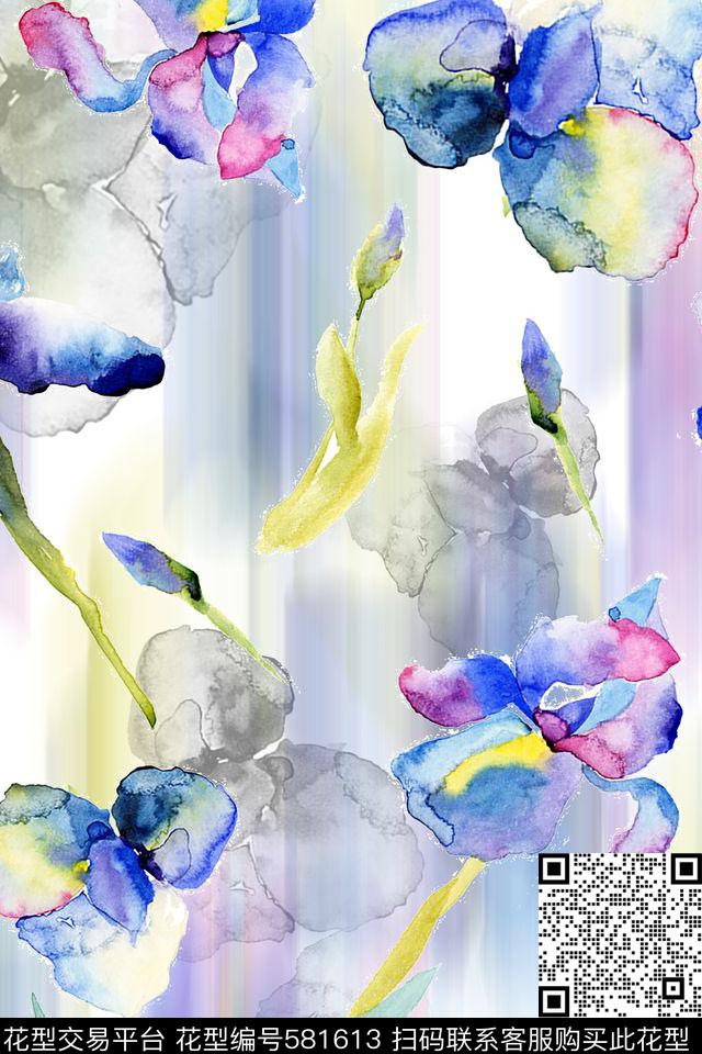 清新兰花水彩肌理数码印花华亿平台下载（图片编号: 581613） - 瓦栏（Walan）