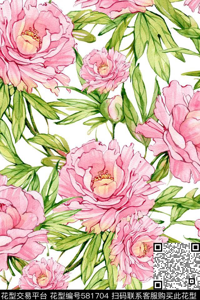 手绘浪漫花卉女装数码印花华亿平台下载（图片编号: 581704） - 瓦栏（Walan）