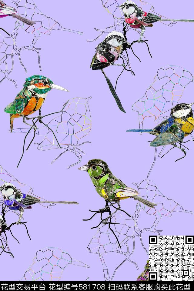 抽象小鸟纯色底数码印花华亿平台下载（图片编号: 581708） - 瓦栏（Walan）
