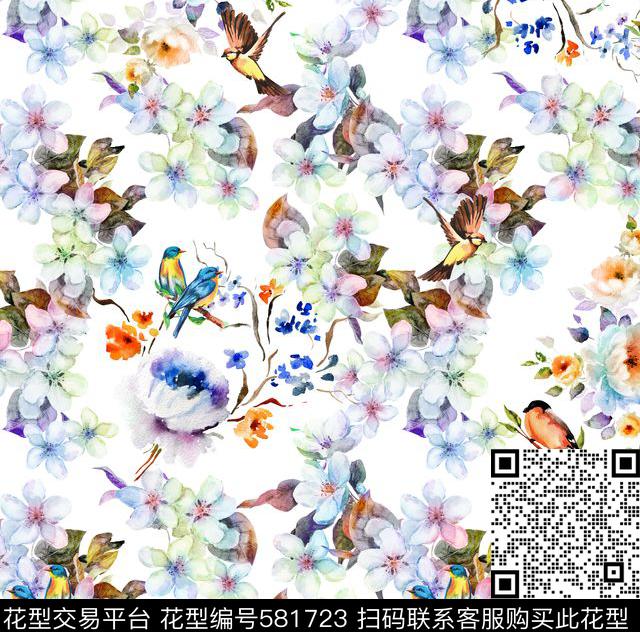 梅花鸟写意数码印花华亿平台下载（图片编号: 581723） - 瓦栏（Walan）