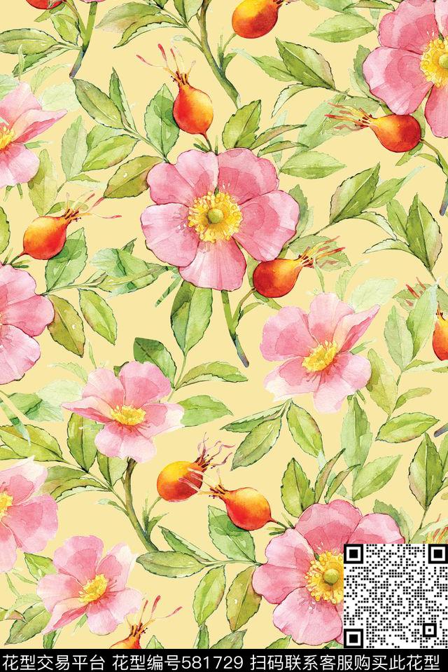 浪漫花卉水彩花卉手绘数码印花华亿平台下载（图片编号: 581729） - 瓦栏（Walan）