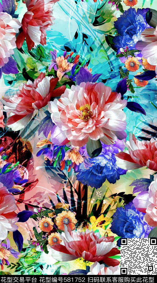 抽象花卉水墨肌理女士连衣裙数码印花华亿平台下载（图片编号: 581752） - 瓦栏（Walan）