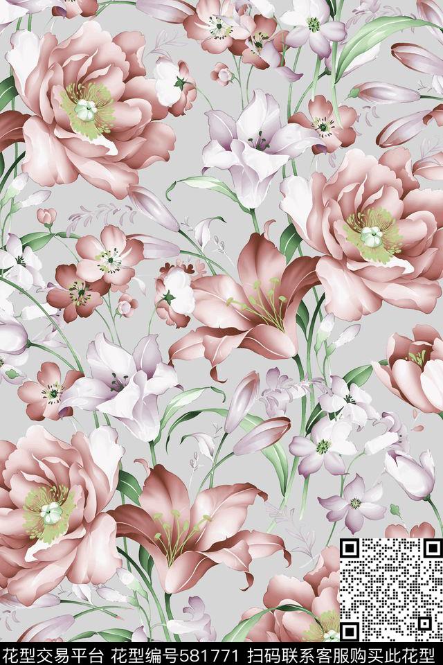 手绘玫瑰花卉传统印花华亿平台下载（图片编号: 581771） - 瓦栏（Walan）
