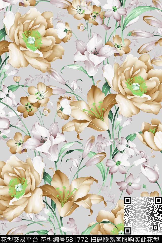 手绘玫瑰花卉传统印花华亿平台下载（图片编号: 581772） - 瓦栏（Walan）