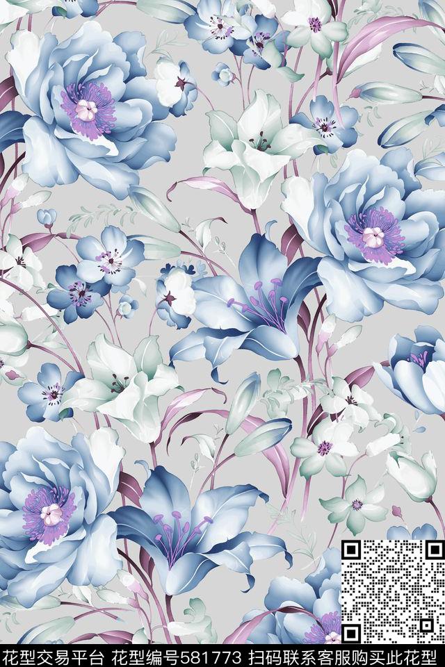 手绘玫瑰花卉传统印花华亿平台下载（图片编号: 581773） - 瓦栏（Walan）