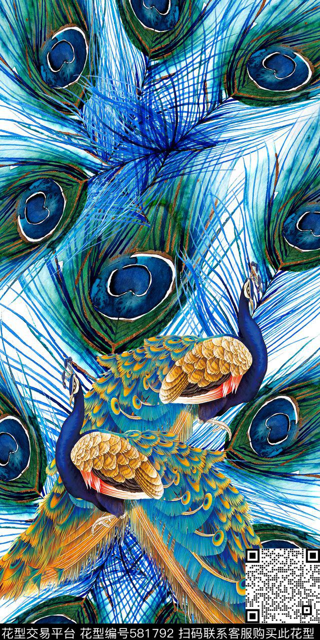 水彩孔雀羽毛数码印花华亿平台下载（图片编号: 581792） - 瓦栏（Walan）