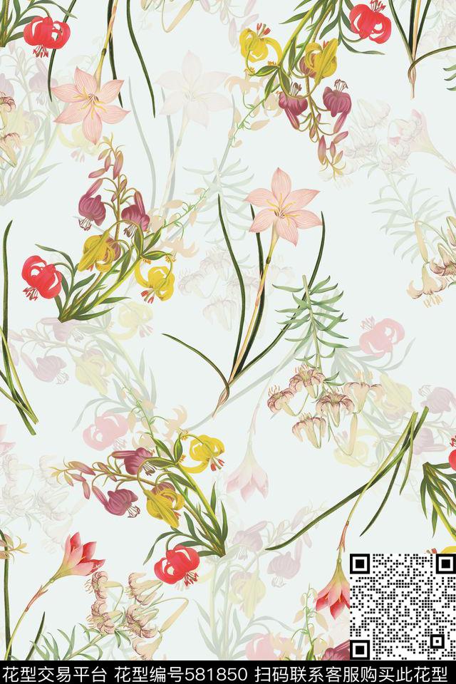 花朵水仙花百合数码印花华亿平台下载（图片编号: 581850） - 瓦栏（Walan）