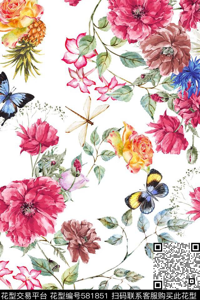 花卉蜻蜓鸟数码印花华亿平台下载（图片编号: 581851） - 瓦栏（Walan）