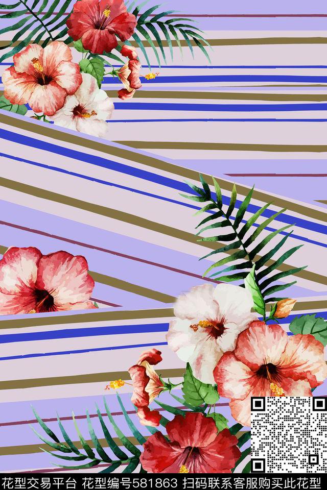 时尚几何条纹水彩花卉数码印花华亿平台下载（图片编号: 581863） - 瓦栏（Walan）