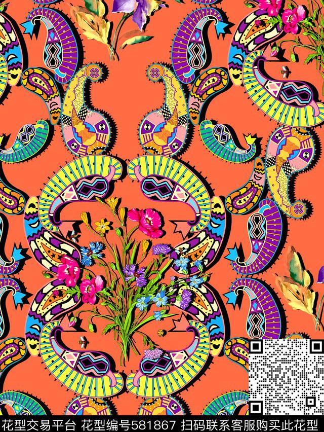 时尚佩斯利花卉数码印花华亿平台下载（图片编号: 581867） - 瓦栏（Walan）