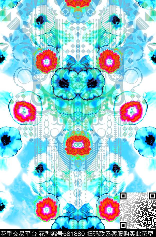 休闲花卉几何花朵数码印花华亿平台下载（图片编号: 581880） - 瓦栏（Walan）