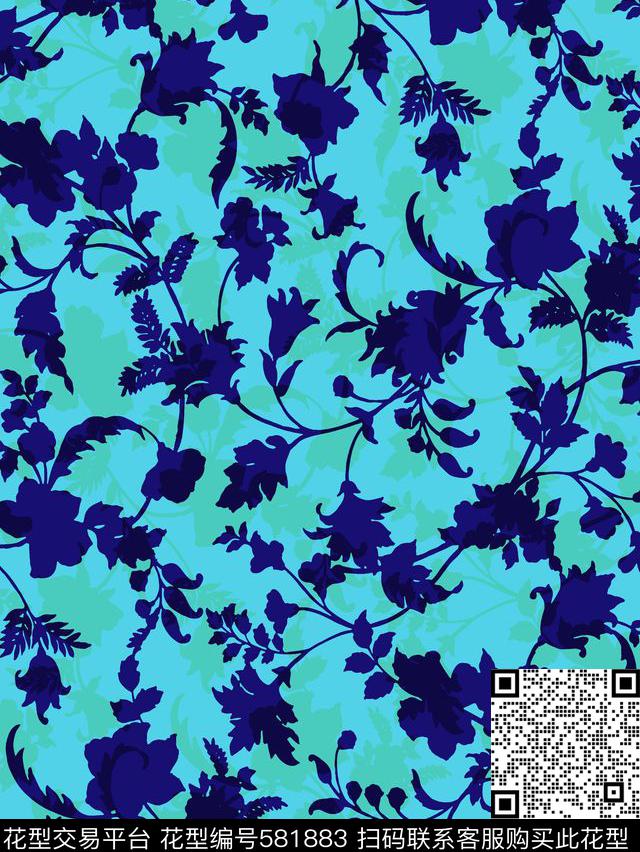 休闲花卉色块矢量缠枝花卉传统印花华亿平台下载（图片编号: 581883） - 瓦栏（Walan）