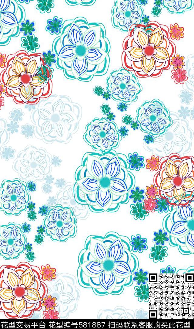 抽象图案风格花卉浪漫淡雅传统印花华亿平台下载（图片编号: 581887） - 瓦栏（Walan）