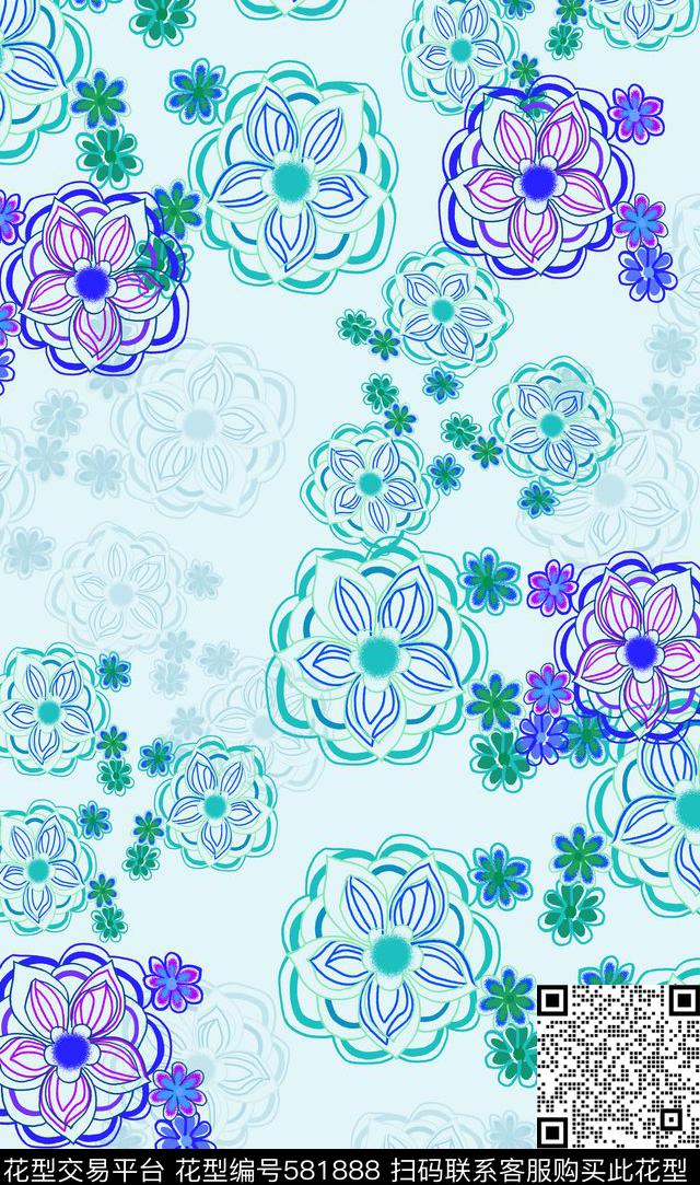抽象图案风格花卉浪漫淡雅传统印花华亿平台下载（图片编号: 581888） - 瓦栏（Walan）