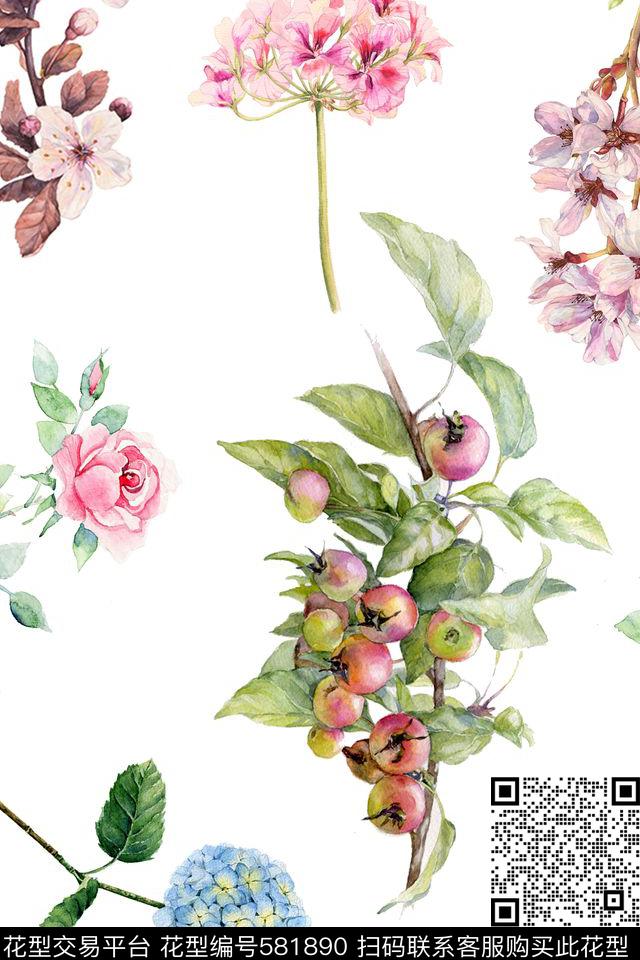 清新水彩碎花数码印花华亿平台下载（图片编号: 581890） - 瓦栏（Walan）