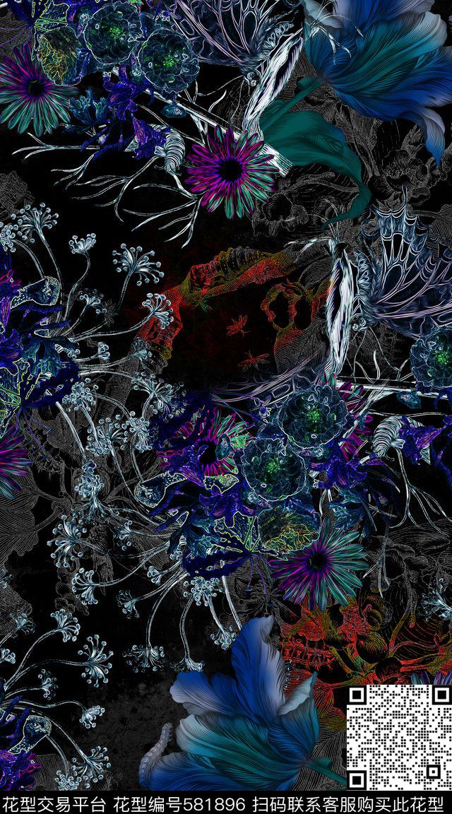 时尚大牌撞色花卉枝叶数码印花华亿平台下载（图片编号: 581896） - 瓦栏（Walan）